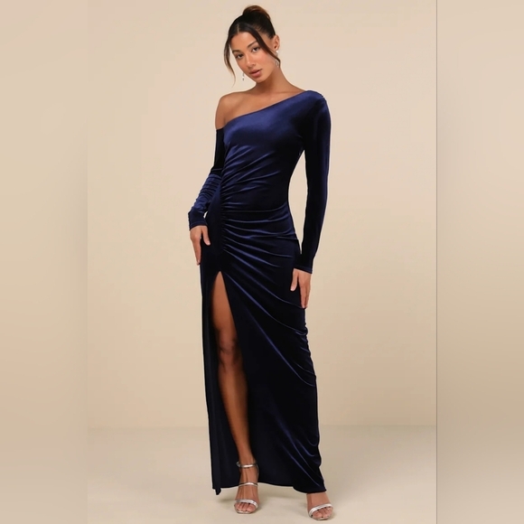 Lulus Notorious Icon Navy Blue Velvet Asymmetrical Maxi Dress Wedding Party - Picture 3 of 7
